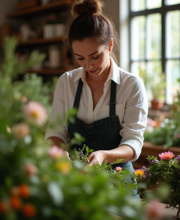 The founder of Galactic Gardens carefully crafting a bouquet in the Bristol workshop.